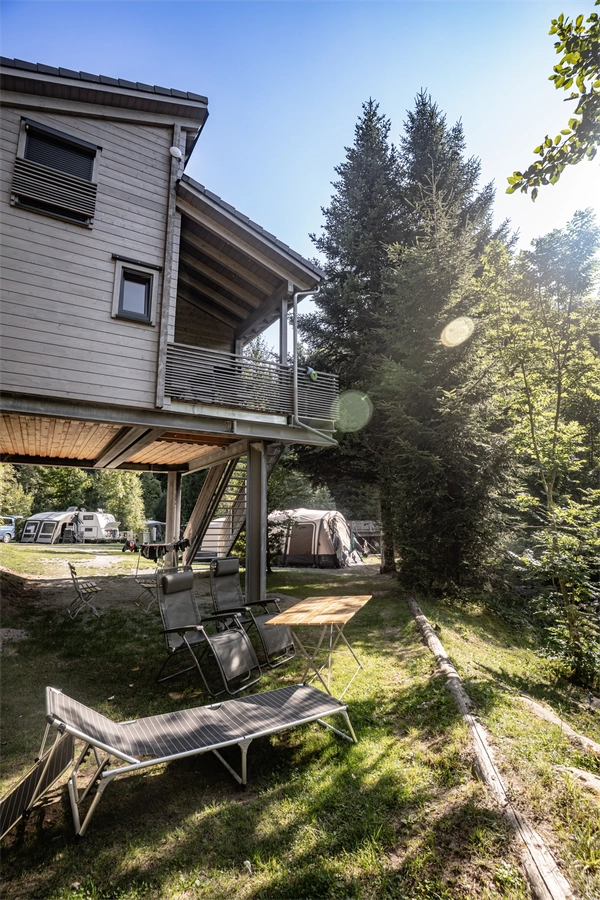Die loge, Ein Kleines Modernes Ferienhaus auf stelzen mit Terrasse davor Sonnenliegen auf einer Grünen Wiese eingerahmt von Tannen im Camping Langenwald.
