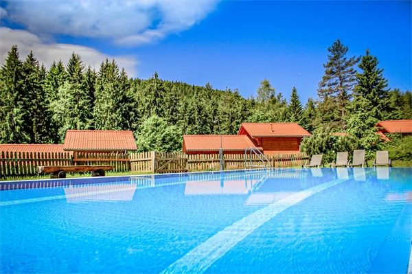 Platzplan & Ausstattung 12 Schönes Schwimmbecken mit Sonnenliegen mit aussiecht auf die mit Tannen bewachsenen Berge und Unsere Ferienhäuser im Camping langenwald
